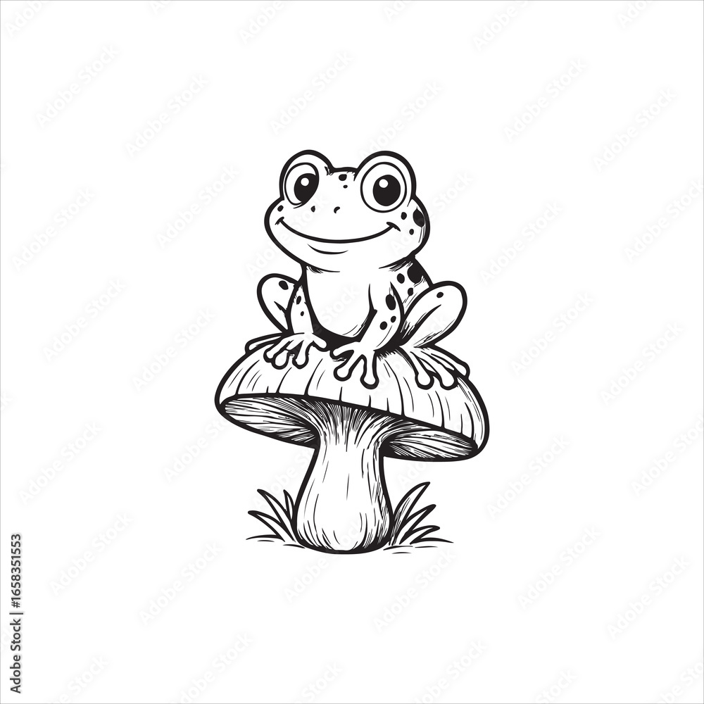 Obraz premium anthropomorphic frog sitting on top of a large mushroom