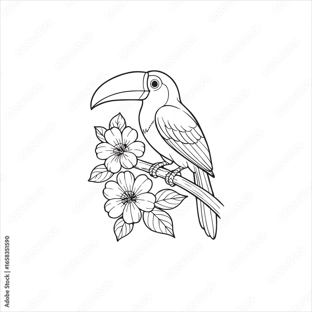 Fototapeta premium Black and white line drawing of a toucan