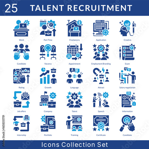 Talent Recruitment icon set collection in solid glyph style. an icon pack contain creative, candidate, vacancy, appointment, employment branding, exam, rating, growth, language, attract