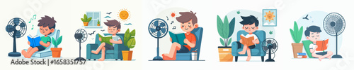Cartoon Illustration of a Boy Reading a Book Near a Fan