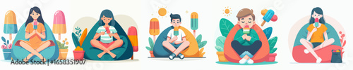 Flat Style Diverse People Meditating on Beanbag Chairs Illustration Set