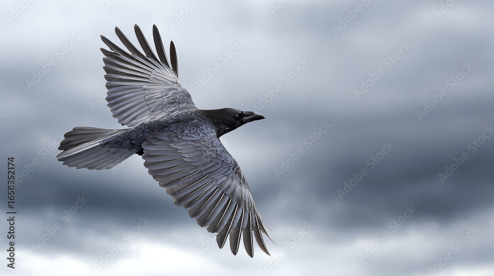 Obraz premium A majestic bird in flight against a stormy sky, showcasing its powerful wings and dynamic motion in nature's raw beauty.