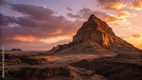 Spectacular desert rock formation bathed in golden sunset light