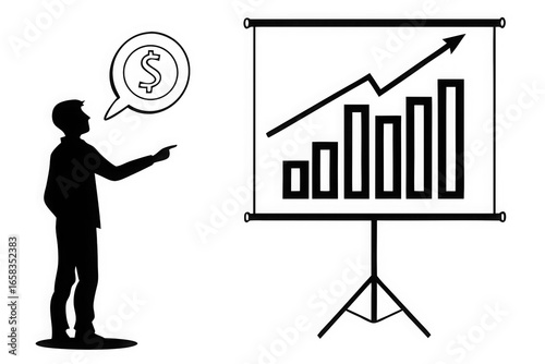 Businessman presenting a rising financial graph with a dollar sign in a speech bubble