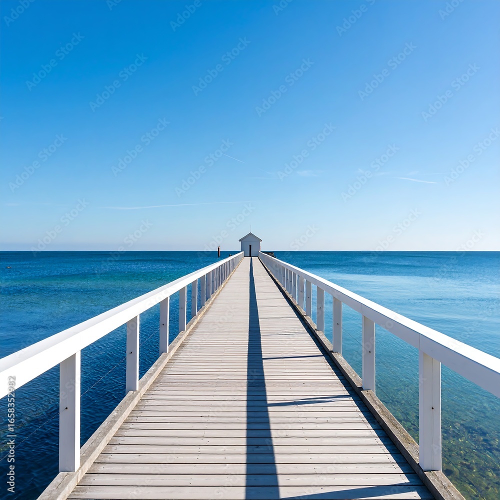 Obraz premium Tranquil white wooden pier extending into a vast blue sea under a clear sky