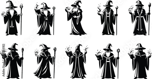 Mystical wizards conjuring magic spells with staffs and spellbooks