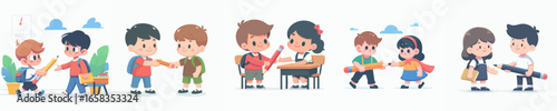 Cartoon Illustration of Happy Student Sharing Pencil in Class Education
