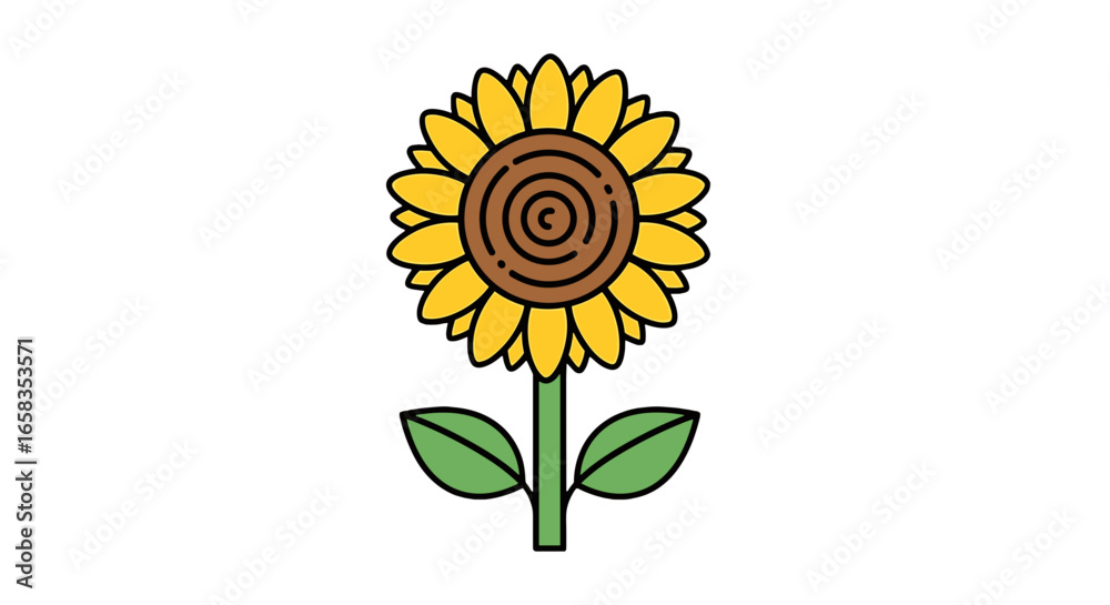 Obraz premium Illustration of a single sunflower with yellow petals brown center green stem and leaves on white background on transparent background