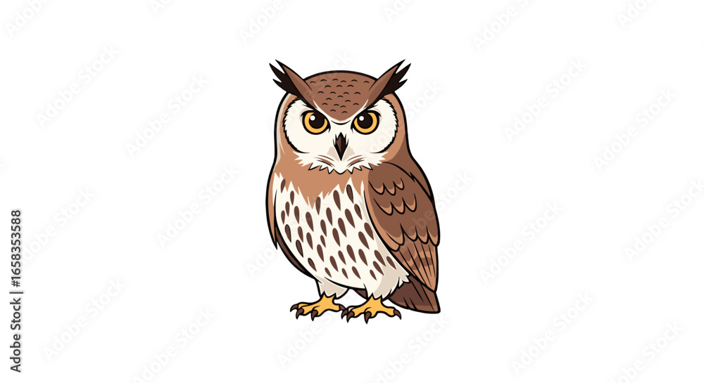 Naklejka premium Illustration of a brown and white owl with yellow eyes standing upright on a white background looking forward on transparent background