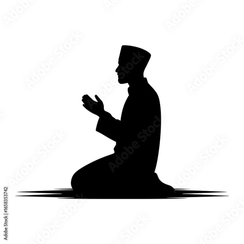 Silhouette illustration of a praying Muslim man. Monochrome vector graphic of a person kneeling in prayer, wearing traditional clothing and a cap. Islamic faith, worship, and spirituality concept.