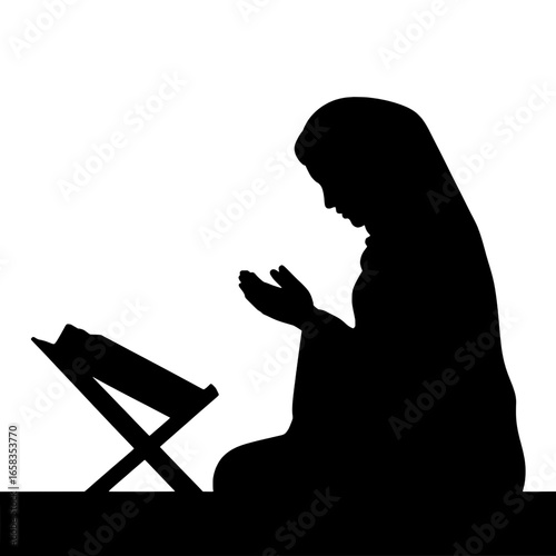 Silhouette vector illustration of a Muslim woman in hijab praying on her knees with hands raised and Quran on a wooden stand. Monochrome graphic, black on white background, depicting Islamic prayer, f