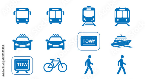 Illustration showing various modes of transportation including bus train taxi boat and bicycle icons blue color on transparent background
