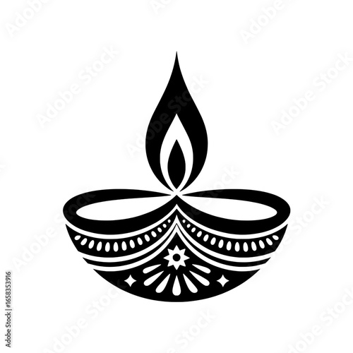 Black and white vector illustration of a traditional Diya oil lamp with decorative patterns, flame, and stars for Diwali celebrations. Monochrome graphic design element, festive icon, Indian culture s