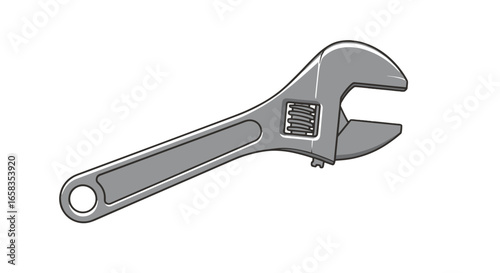 Illustration of a gray adjustable wrench tool with a hole on the handle and a textured adjustment knob on transparent background