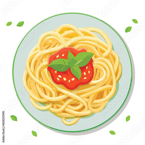 Spaghetti with Tomato and Basil Top View on Plate - AI Generated