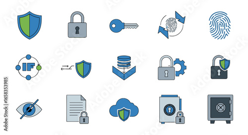 Collection of security icons featuring shields, locks, keys, fingerprints, and data protection elements on transparent background