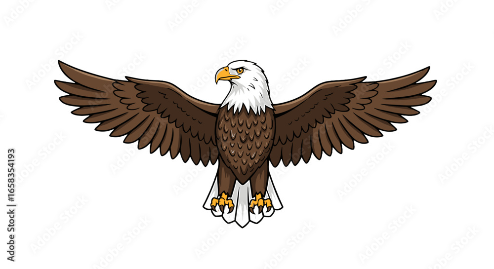 Obraz premium Illustration of an eagle with brown wings spread wide and white head on a white background centered view on transparent background