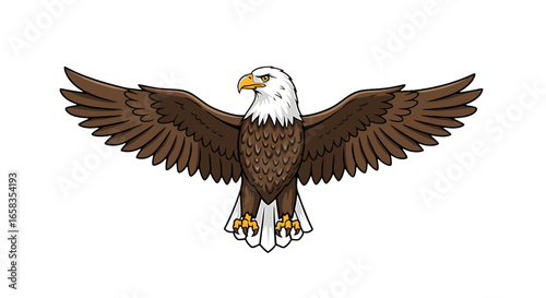 Illustration of an eagle with brown wings spread wide and white head on a white background centered view on transparent background