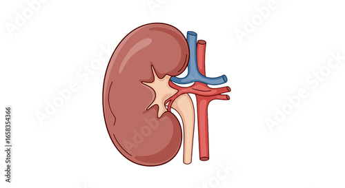 Illustration of a kidney with blood vessels in red and blue on a white background anatomy diagram on transparent background