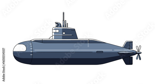 Illustration of a blue submarine with a propeller and a conning tower on a white background view side on transparent background