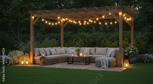 Wallpaper Mural Evening outdoor scene features a wooden pergola adorned with string lights, over a sectional sofa with pillows, coffee table, & lanterns Torontodigital.ca