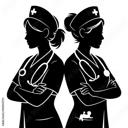 Two female nurses, medical professionals, black silhouette vector illustration. Healthcare workers with stethoscopes and nursing caps, arms crossed. Monochrome graphic, one with baby/child icon, repre