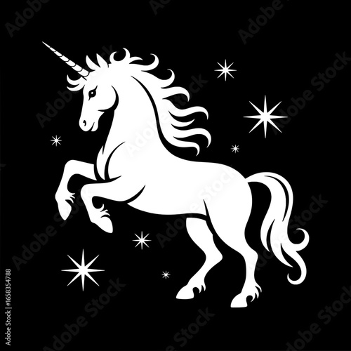 Monochrome vector illustration of a prancing unicorn silhouette with flowing mane, tail, single horn, and surrounding stars on black background. Magical, fairytale, mythical creature design element.