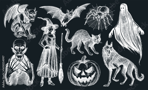 Halloween character sketches set. Gothic monsters hand-drawn vector illustration. Magic animals drawings . NOT AI generated