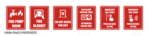 et of various type fire safety sing like emergency call point , fire alarm control panel , do not block fire exit , fire blanket , fire pump room vector illustration 
