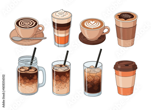 mix 22 cA collection of hot and iced coffee drinks, illustrated in various cups, glasses, and to-go containers.