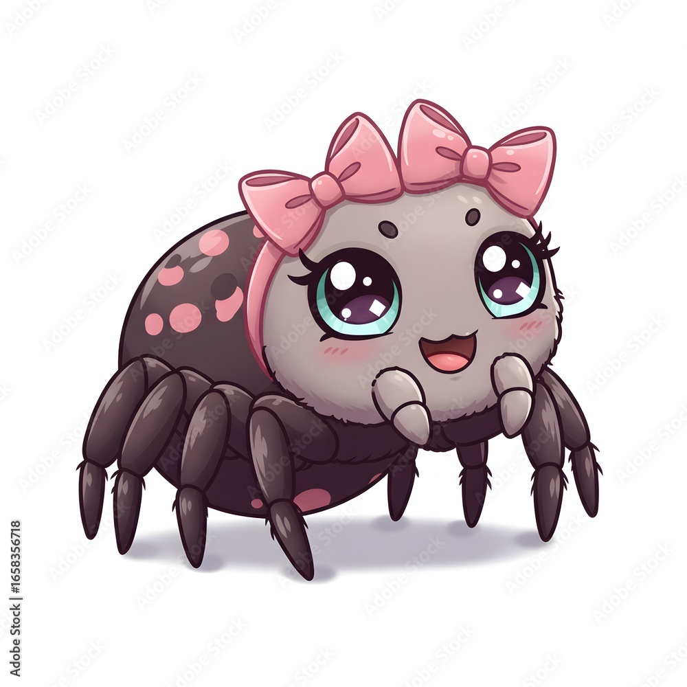 Fototapeta premium Adorable Kawaii Spider with Pink Bows: A Cute Digital Illustration