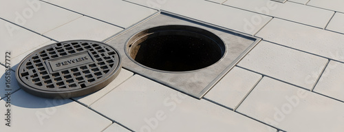 Open circle metal sewer manhole cover on an concrete road for pedestrian. Drainage system infrastructure for city utility
