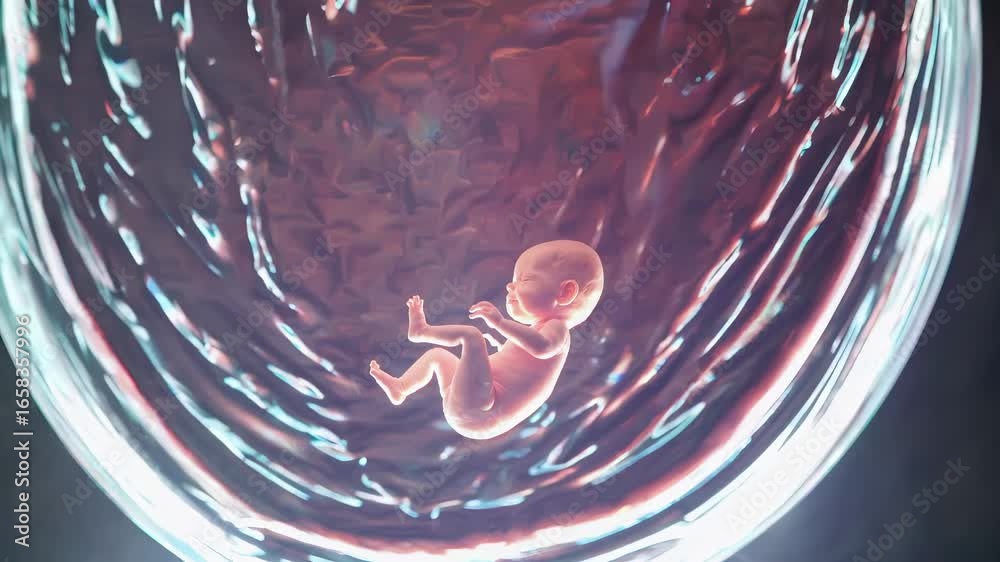 baby fetus floats inside womb fluid. embryo rests peacefully showing ...