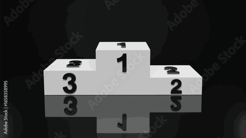 Elegant 3D rendered white winners podium with three numbered tiers, reflecting on a smooth black background surface.