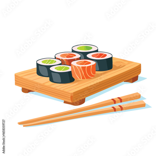 Sushi Assortment on Wooden Board with Chopsticks - AI Generated