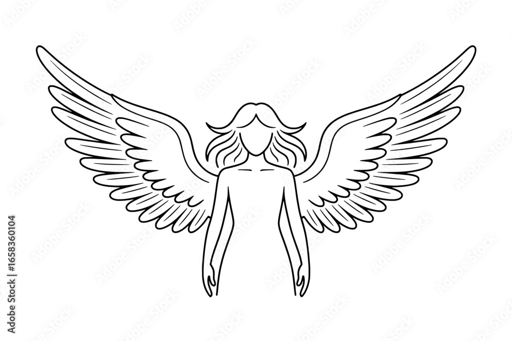 Obraz premium Line Art Illustration: Angel with Large Wings, Minimalist Design