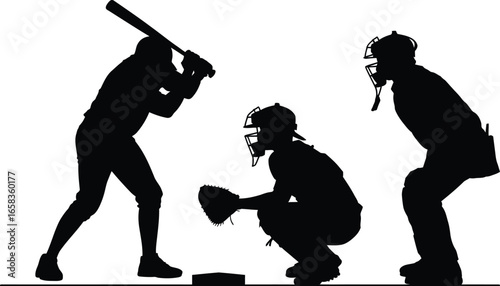 Dynamic black and white woodcut-style illustration capturing a classic baseball at-bat scene with a batter, catcher, and umpire silhouette.