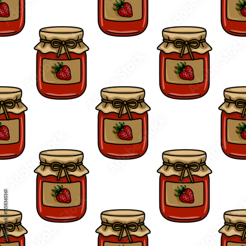 Seamless vector pattern of charming hand drawn strawberry jam jars with kraft paper lids and tied bows, creating a delightful rustic kitchen aesthetic.