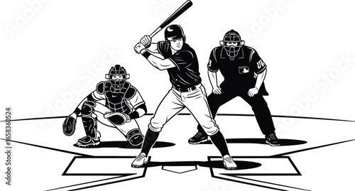 Dynamic black and white woodcut-style illustration capturing a tense baseball at-bat scene with batter, catcher, and umpire.