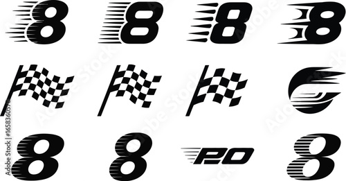 A dynamic collection of twelve black and white racing-themed vector logos and graphic sport elements