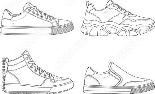 Detailed black and white line art of four sneaker styles: low-top, chunky sole, high-top, and slip-on, showcasing modern casual and athletic footwear designs.