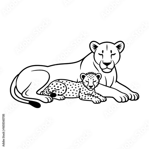 Lioness and Cheetah Cub: Line Art Illustration of a Mother Lioness Protecting Her Cheetah Cub
