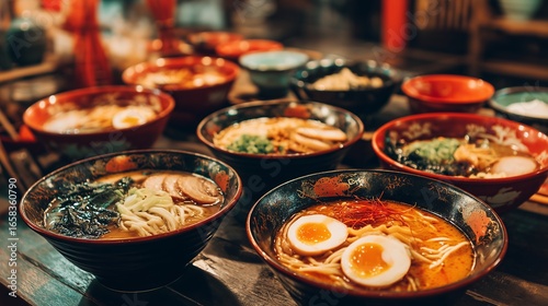 Delicious assortment of Asian food served in bowls on a wooden table, featuring ramen with eggs, rich broth and toppings, alongside other traditional dishes. 
