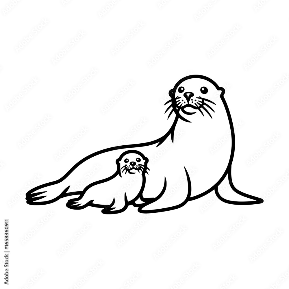 Fototapeta premium Sea Lion and Pup: Line Art Illustration - Black and White Vector Graphic