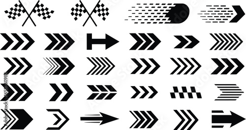 A versatile collection of monochrome vector elements featuring racing checkered flags and various speed-themed arrows for graphic design.
