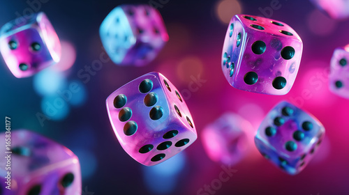 Floating neon dice in mid-air