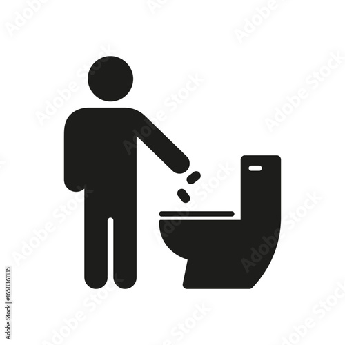 Toilet Waste Disposal WC Silhouette Icon. Person Throwing Trash into Toilet Bowl Sign for Hygiene Rules and Restroom Etiquette Solid Symbol. Isolated Vector Illustration