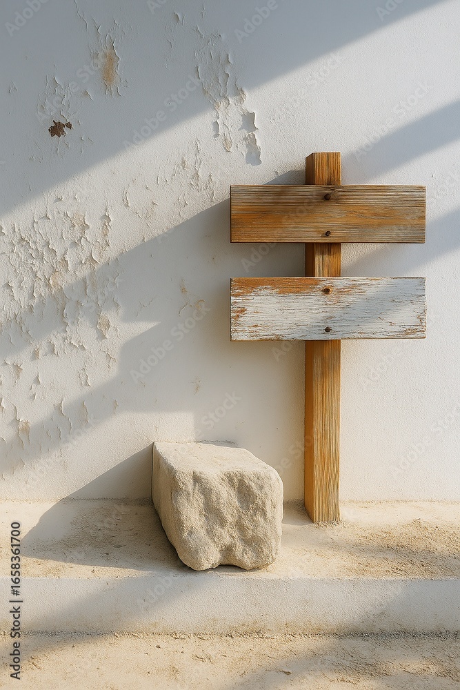 Naklejka premium Weathered wooden signpost against a peeling white wall next to a stone block on a concrete surface