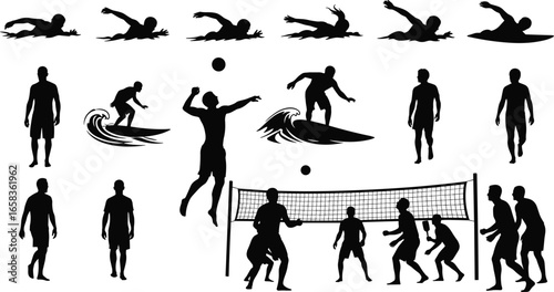 A dynamic vector collection of summer beach sports silhouettes, featuring people swimming, surfing, and playing volleyball in various action poses.