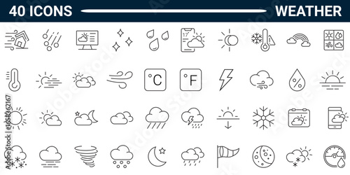 Set of Forty outline icons related to weather. Linear icon collection. Editable stroke. Vector illustration. Icons for mobile app and website.